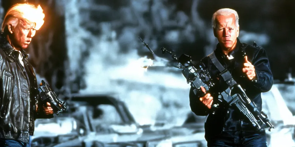 Image similar to joe biden in the terminator shooting terminator donald trump, cinematic, two characters, highly detailed, photorealistic, cinematic lighting, James Cameron