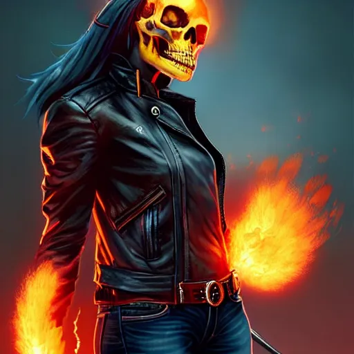 Image similar to female ghost rider, flaming skull, art by greg rutkowski and wlop and raymond swanland and ross tran,