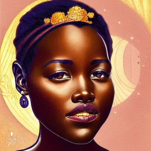 Prompt: lupita nyong'o portrait by louis - theophile hingre and alphonse mucha, realistic, sharp focus, zodiac signs, tarot cards, planets, ethereal, art nouveau, magic, moon, sun, crown, dreamy, royal, jewellery