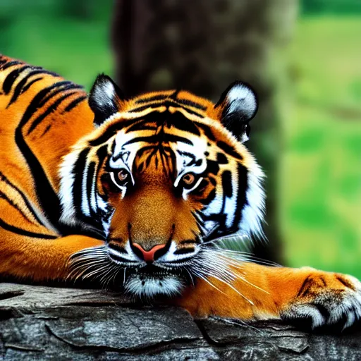 Image similar to a tiger cuddling with a house cat 4k, high detail, high-resolution photograph