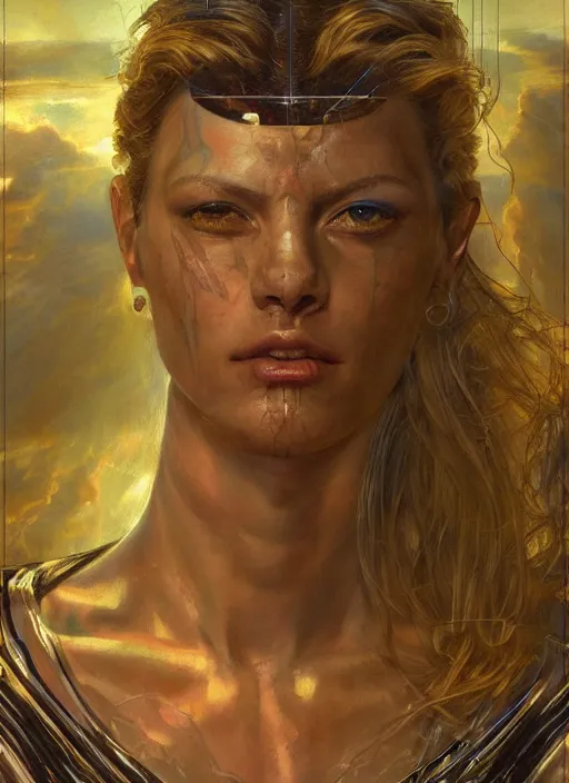 Prompt: biblical strong beautiful female android, made of glass, bright glowing veins, in clouds, sunset, portrait, by gerald brom, by mikhail vrubel, by peter elson, muted colors, extreme detail, reflections, trending on artstation, 8 k