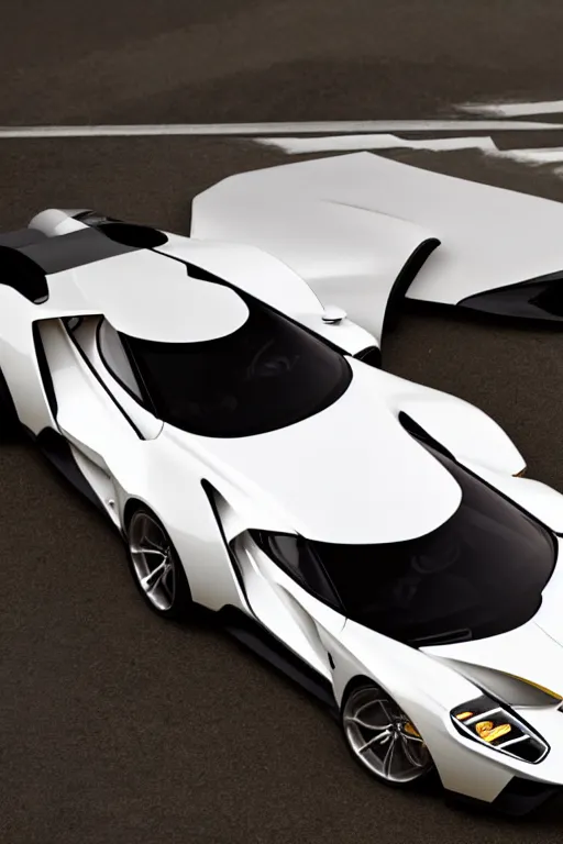 Image similar to ford gt 9 0 concept car painted in white pearl with gold rims