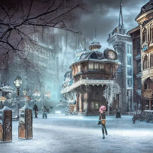 Prompt: frozen steampunk city, hyper realistic photograph