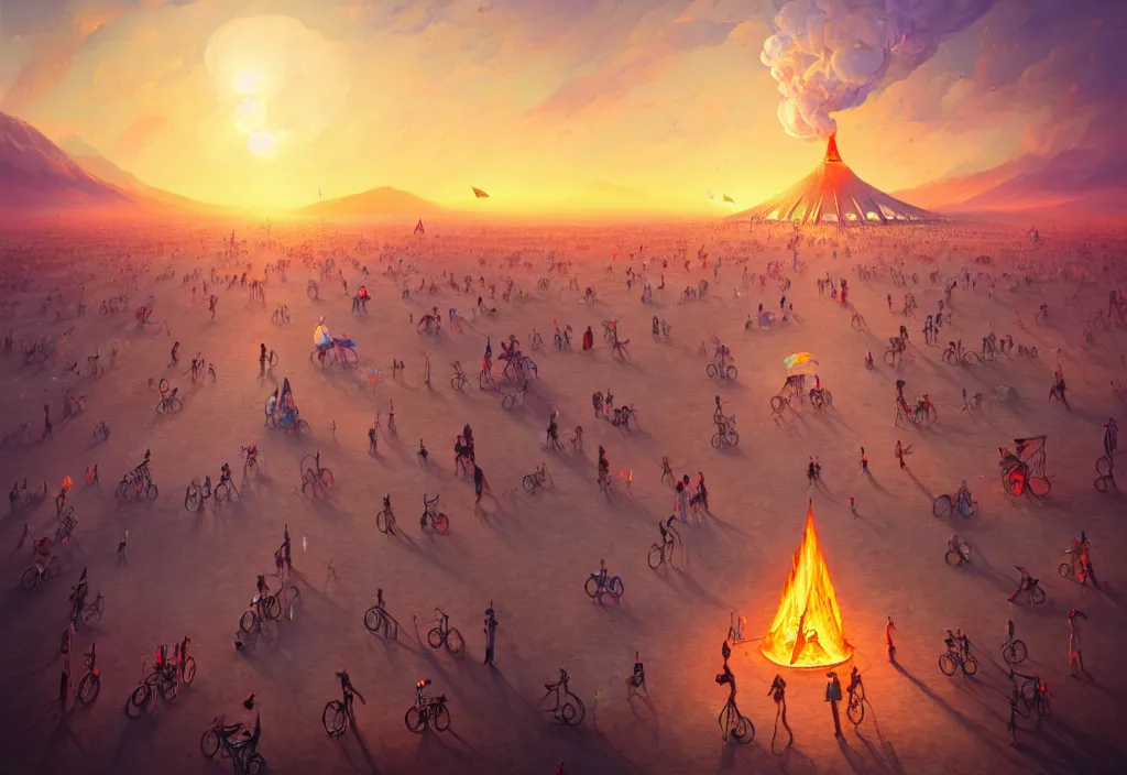 Image similar to A beautiful illustration of burning man festival, trending on artstation, WLOP, cgsociety by Gediminas Pranckevicius, trending on cgsociety, Michaelangelo, bokeh, fractal Thunder glow by dan mumford