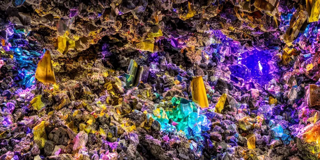 Image similar to multi-colored crystals in the depths of a mining cave, wide lens, diorama, 4k,