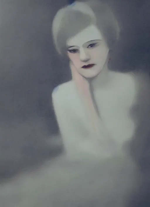 Image similar to out of focus photorealistic portrait of < zelda fitzgerald > as a beautiful young lady by sarah moon, very blurry, translucent white skin, closed eyes, foggy, closeup