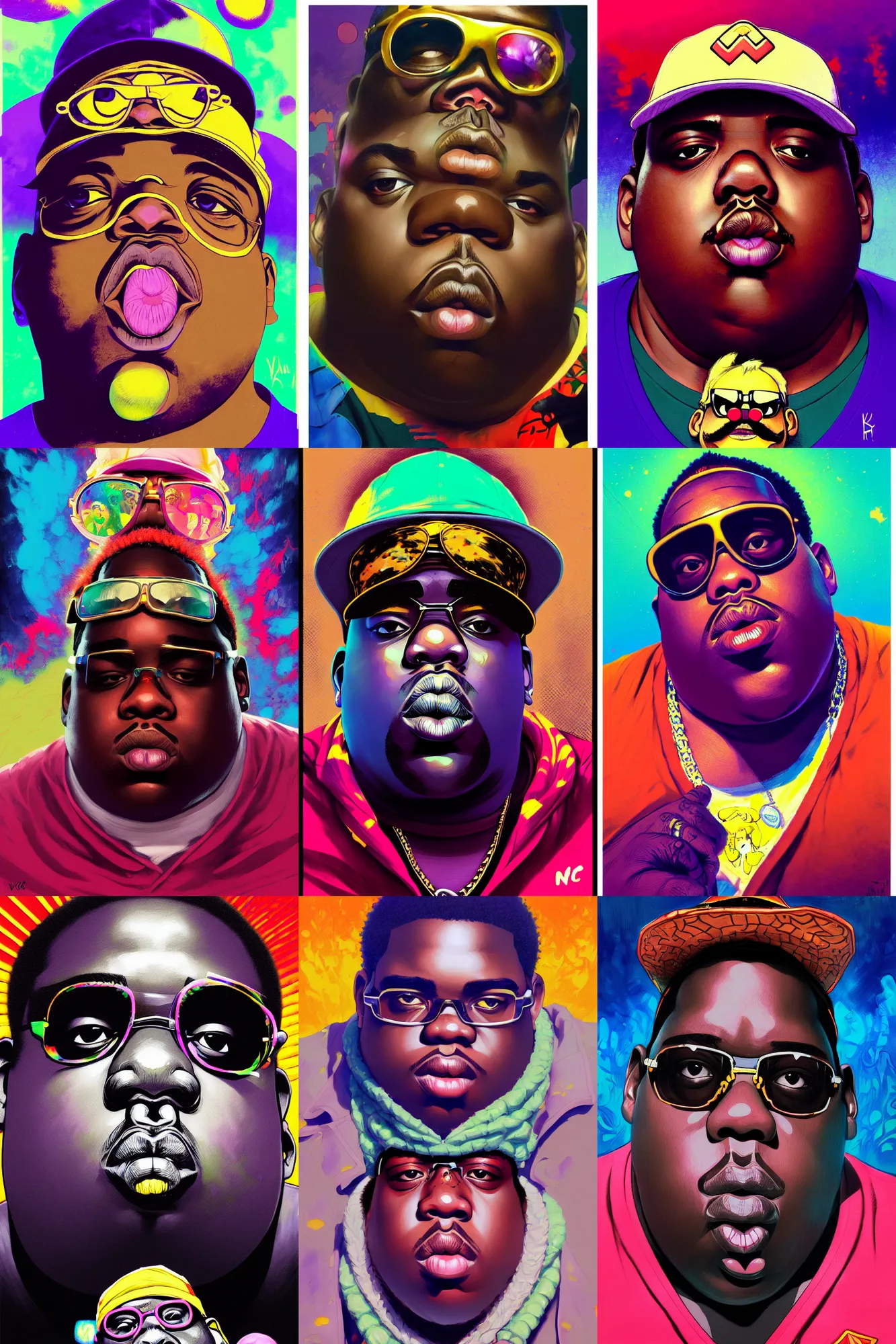 Prompt: the notorious b. i. g. as a super wario, anime, psychedelic, hallucinogenic, trippy, flattened, squashed, shaded lighting poster by magali villeneuve, jeremy lipkin and michael garmash, rob rey and kentaro miura style, trending on art station