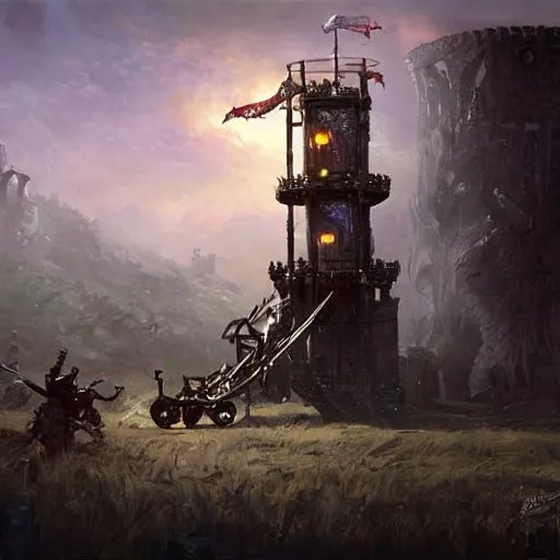 Prompt: a moving siege tower machine with cart wheels, crossbow on the tower, epic fantasy style art by Craig Mullins, fantasy epic digital art, epic fantasy card game art by Greg Rutkowski