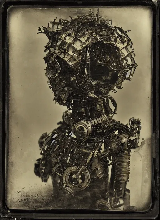 Image similar to old wetplate daguerreotype portrait of futuristic robot, explosion of data fragments, fractal, intricate, elegant, highly detailed, parallax, leica, medium format, subsurface scattering, by jheronimus bosch and greg rutkowski and louis jacques mande daguerre