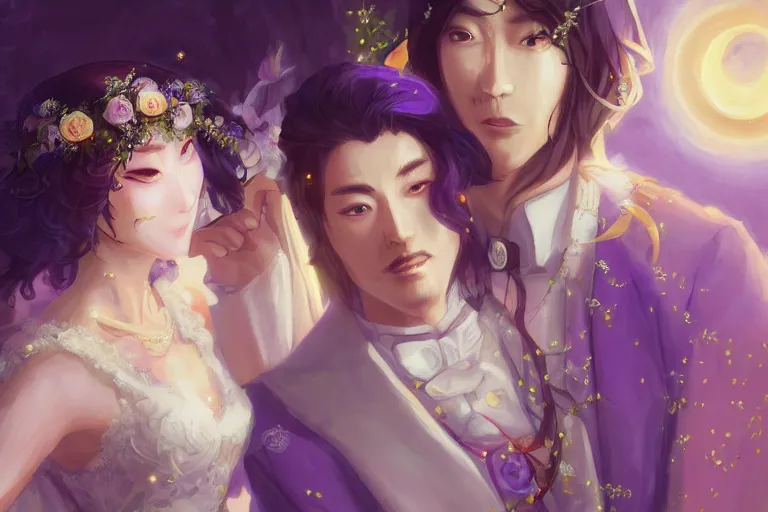 Image similar to a cinematic portrait of wedding photograph jpeg close up moment of a divine a japan sun god and moon goddess lovers magician at a wedding banquet. portraiture. digital painting. artstation. concept art. wedding photo. digital painting. violet evergarden art masterpiece by art by krenz cushart