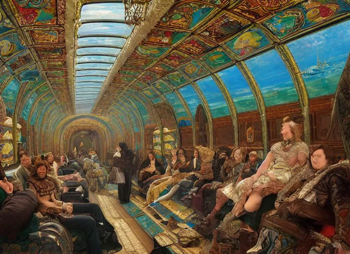 Prompt: incredibly beautiful breaktakingly detailed painting of the inside of the ornate underwater train to atlantis, various amazingly wonderful bizarre cool weird characters sat down, by ford maddox brown and william powell frith and frederic leighton, ultra wide angle, 4 k