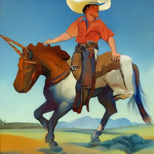 Image similar to a painting of a cowboy riding a unicorn in the style of n. c. wyeth.