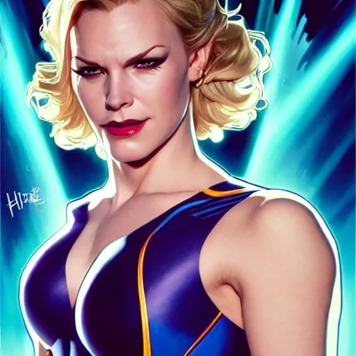 Prompt: character concept portrait, symmetrical head - on centralized, dinah drake smirking. ( ( black domino mask ) ), short blond hair, blue - eyes, black and purple costume. high quality, dynamic lighting. artwork by artgerm, wlop, alex ross, greg rutknowski, alphonse mucha