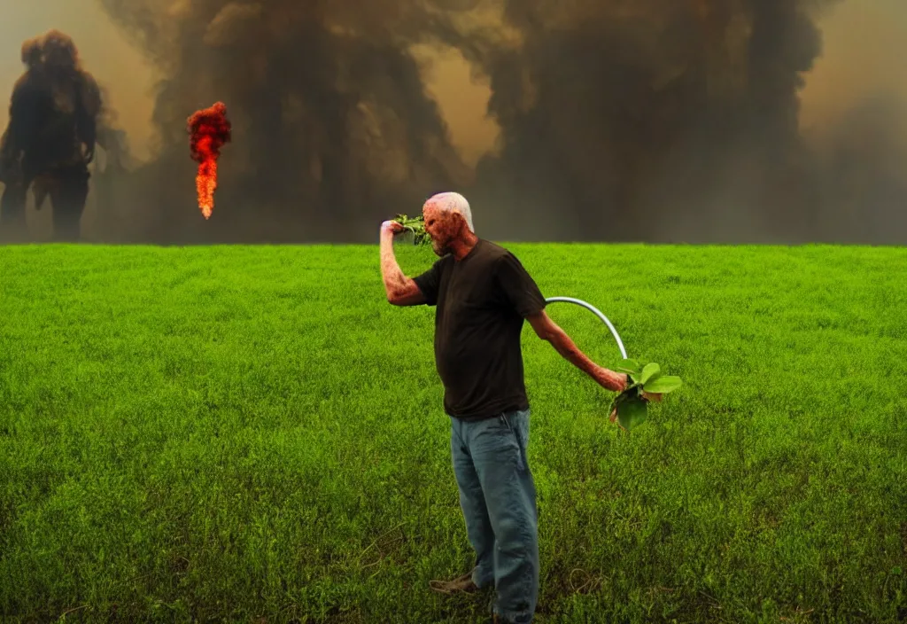 Prompt: a man watering the last plant on earth as the world burns, green leaves, apocalyptic background, smoke, doomsday art