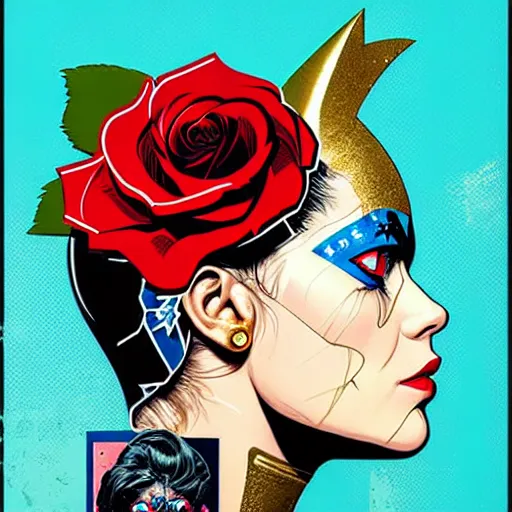 Image similar to portrait of britainwoman :: side profile :: in ocean :: roses and guns metal details :: gold :: blood and horror :: by marvel and Sandra Chevrier