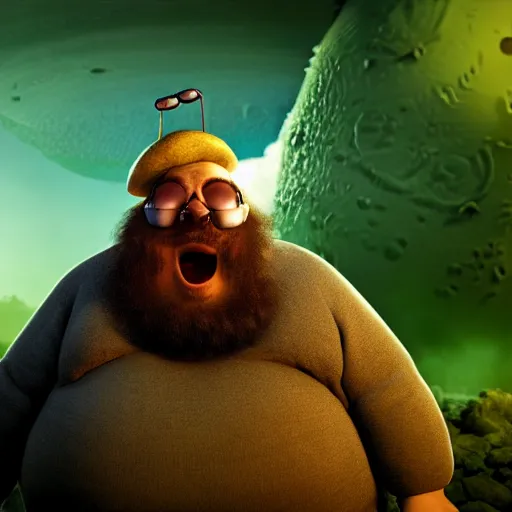 Image similar to highly detailed octane render of a short ugly fat man with a giant beard and wearing armour, goggles and a safety hat whilst laughing at a green mushroom cloud surrounded by dead insects in a cave