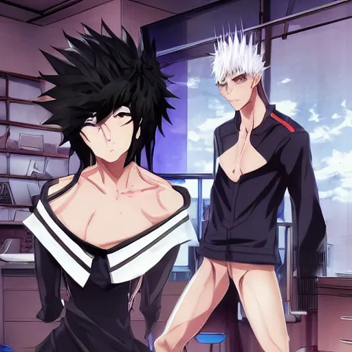 Image similar to aloof anime man with spiky emo hair wearing jock clothes, standing in headmistress's office, smug grin, smug expression, punchable expression, sharp details, subsurface scattering, intricate details, art by artgerm, anime, anime hd wallpaper, 2 0 1 9 anime screenshot