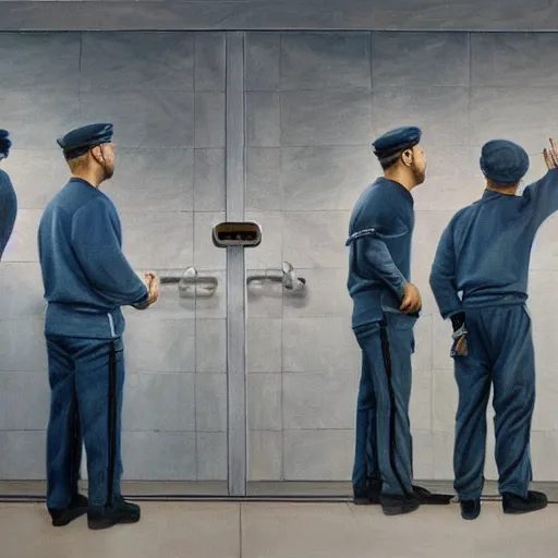 Image similar to hyperrealism painting of prisoners scheming to escape prison while guards are distracted