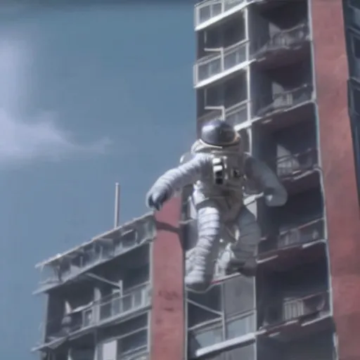 Prompt: of a huge! astronaut! climbing! up a building! (((like king kong))), still from the movie astronaut attack