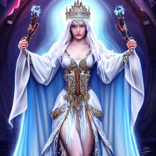 Prompt: beautiful ice queen in ornate robes, highly detailed, 8 k, hdr, award - winning, trending on artstation, anne stokes, hyper realistic