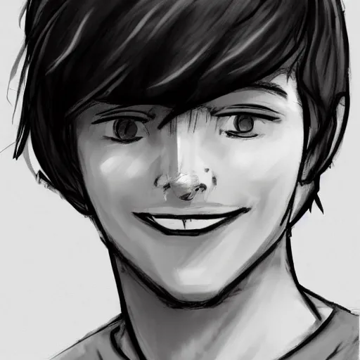 Prompt: sketch of a teenage boy with short side part hair and a smile, trending on artstation