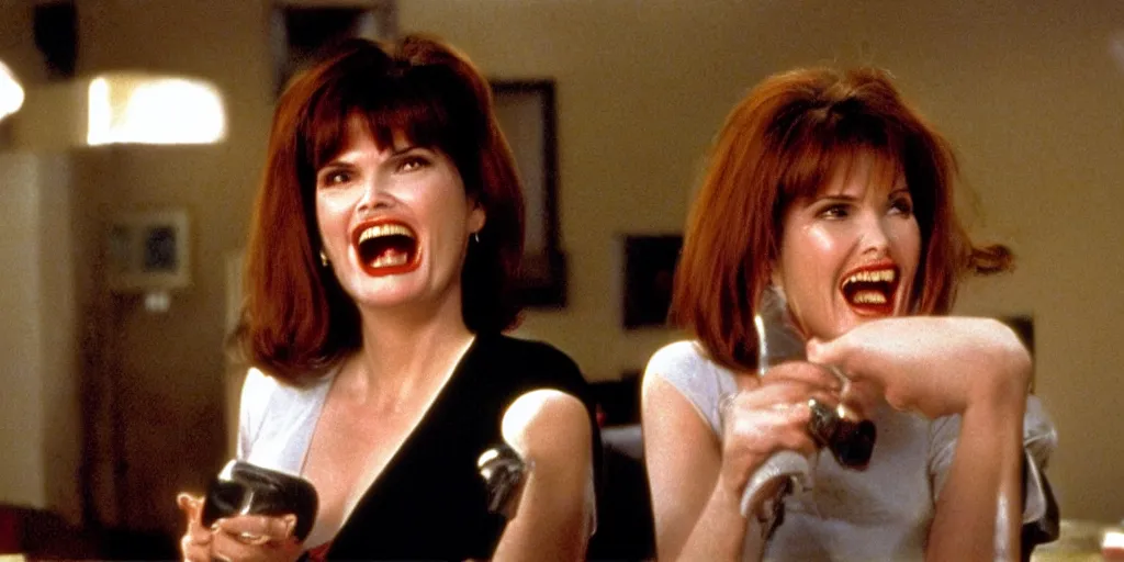 Prompt: still frame of Geena Davis in Pulp Fiction laughing hysterically over a joke