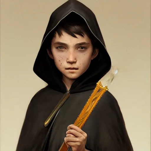 Image similar to perfectly - centered - portrait of a kid wearing black cloak holding wooden sword, intricate, highly detailed, digital painting, artstation, concept art, smooth, sharp focus, illustration, unreal engine 5, 8 k, art by artgerm and greg rutkowski and alphonse mucha