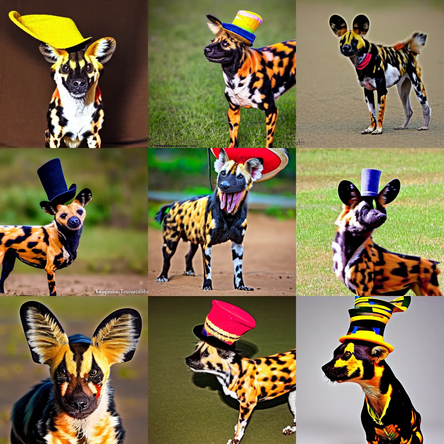 Prompt: The world's greatest showman: the african painted dog dressed in a hat!