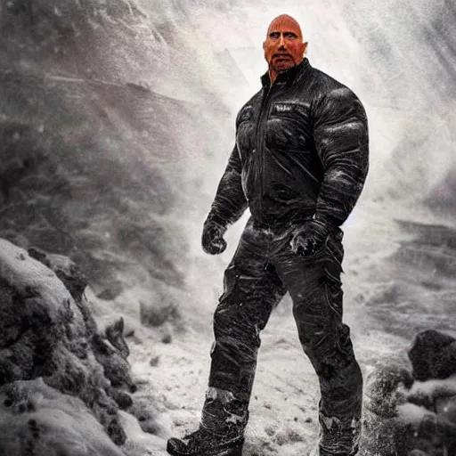 Prompt: hyper realistic dwayne johnson wearing arctic clothing, riot gear, in snow storm, apocalyptic, artstation