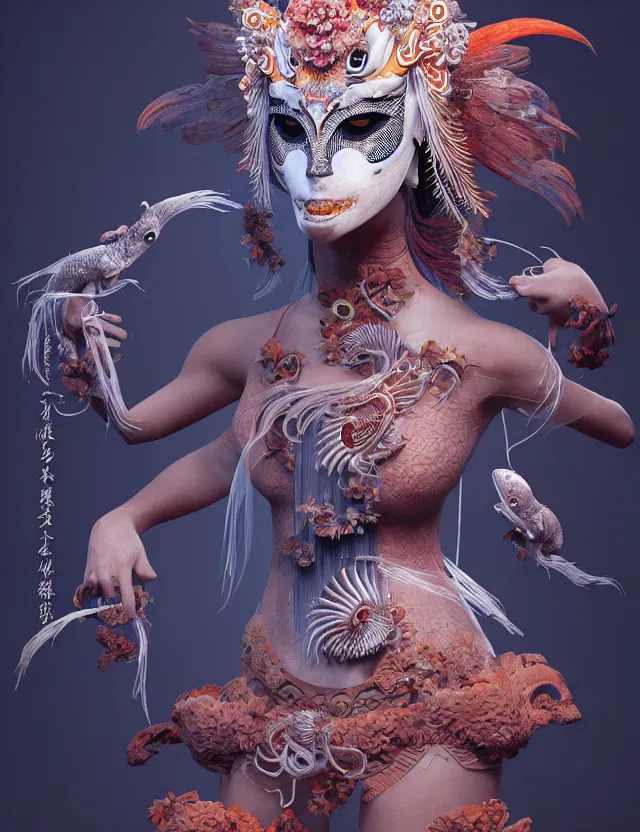 Image similar to 3 d goddess bottom - up with ram skull. beautiful intricately detailed japanese crow kitsune mask and clasical japanese kimono. betta fish, jellyfish phoenix, bio luminescent, plasma, ice, water, wind, creature, artwork by tooth wu and wlop and beeple and greg rutkowski