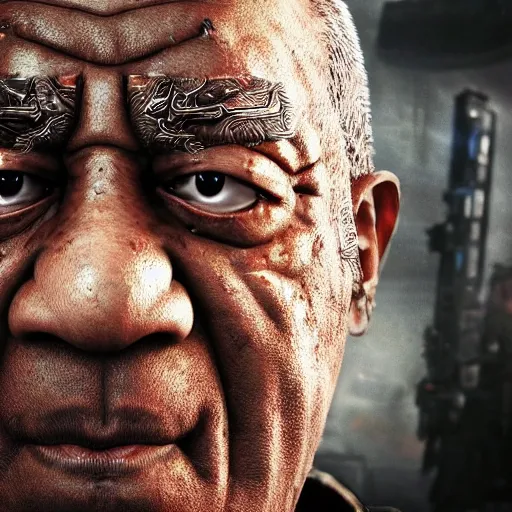 Image similar to asian bill cosby in gears of war, splash art, movie still, detailed face, photorealistic facial features, cinematic lighting, dramatic, octane render, long lens, shallow depth of field, bokeh, anamorphic lens flare, 8 k, hyper detailed, 3 5 mm film grain