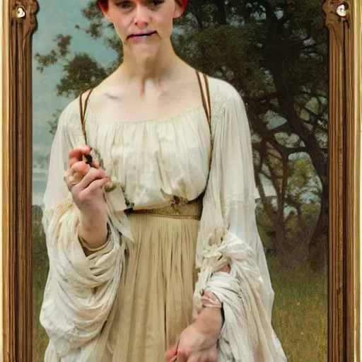 Image similar to a detailed, intricate art nouveau portrait of a young bride who resembles a teenage saoirse ronan and emma watson, in a field of grain, by william adolphe bougereau, john williams waterhouse, alphonse mucha, and donato giancola