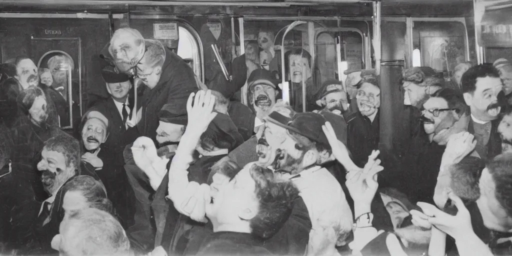 Image similar to a large stream of people in a subway car, there is a middle-aged man with a Hussar moustache, two people are standing to his right and laughing loudly