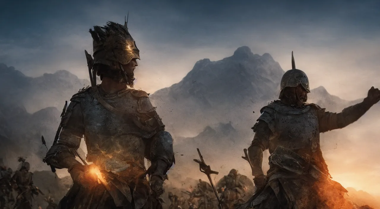 Image similar to cinematic artwork close up of a warrior standing front and center in front of his army on a battlefield, light on his face, eyes closed, mountains behind him, dusk, atmospheric, artwork by Greg Rutowski, masterpiece, 4k