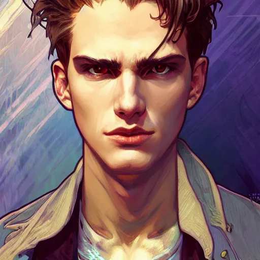 Image similar to character concept portrait, symmetrical head-on centralized, tired young man wearing tattered clothes. Detailed, high quality, dynamic lightning, fantasy. Artwork by Artgerm, WLOP, Alex Ross, Greg Rutknowski, Alphonse Mucha