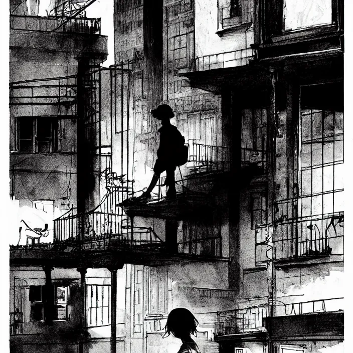 Prompt: sadie sink as a workman : walks home. background : terraced working - class houses, dirty, polluted. technique : black and white pencil and ink. by gabriel hardman, joe alves, chris bonura. cinematic atmosphere, detailed and intricate, perfect anatomy