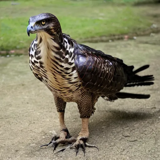 Image similar to hawk and crocodile mutant hybrid, bipedal, realistic picture taken in zoo