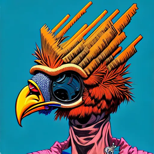 Image similar to portrait painting of a punk chicken - headed cyborg, sharp focus, award - winning, trending on artstation, masterpiece, highly detailed, intricate. art by josan gonzales and moebius and deathburger