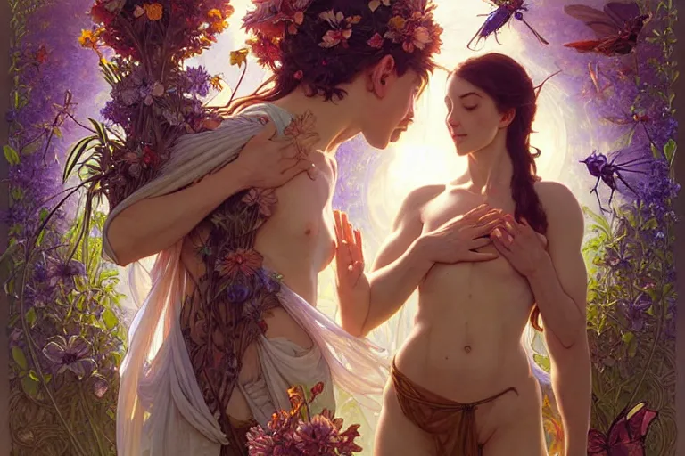 Image similar to the platonic ideal of flowers, growing, insects and praying of ubermench, mix of a woman and a man, d & d, fantasy, ego death, decay, dmt, psilocybin, art by artgerm and greg rutkowski and alphonse mucha