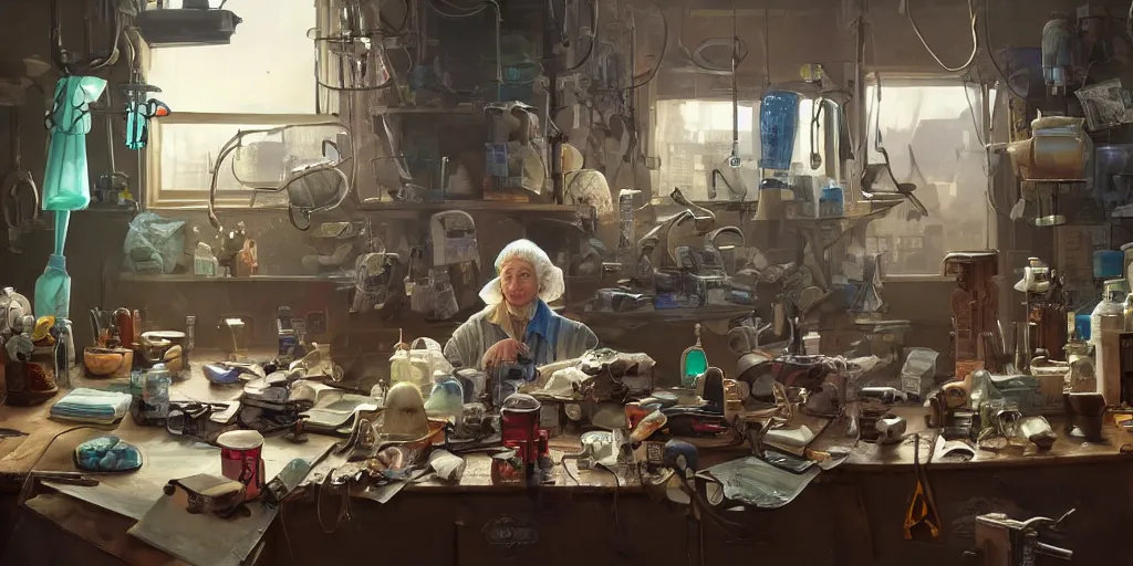 Prompt: an environmental concept art of an elderly russian woman cyberneticist in a cluttered mechanics workshop, surgical implements, surgery table, highly detailed, cinematic, dramatic, cyberpunk