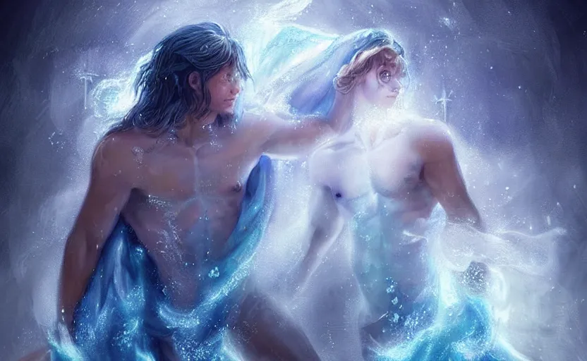 Image similar to Young and beautiful Poseidon emerging from water with blue magic, lumine, light particles, digital painting, realistic,4k, trending in Art Station