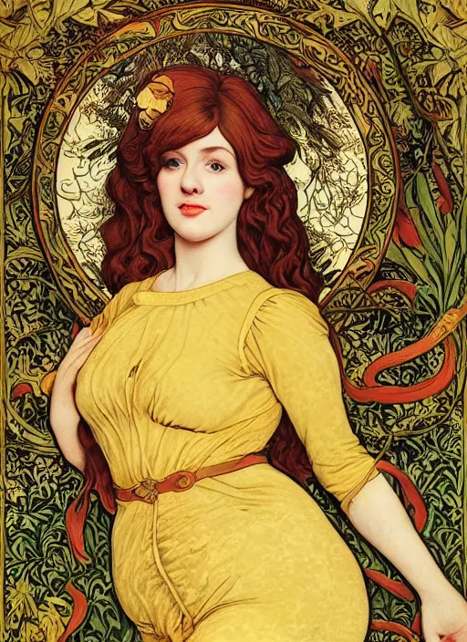 Image similar to masterpiece beautiful seductive flowing curves pinup pose preraphaelite portrait photography, extreme closeup face shot, straight bangs, thick set features, yellow ochre ornate medieval dress, amongst foliage mushroom forest arch, circle, william morris and kilian eng and mucha, framed, 4 k