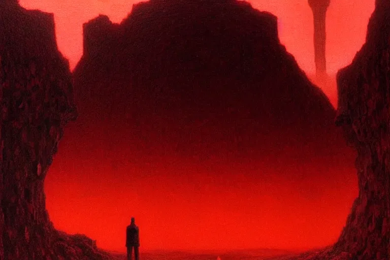 Image similar to only with red, a red god of death eat apple, a futuristic city on mars in background, an ancient path, pathos, in the style of beksinski, part by hopper, part by rodcenko, part by hofbauer, intricate composition, red by caravaggio, insanely quality, highly detailed, masterpiece, red light, artstation