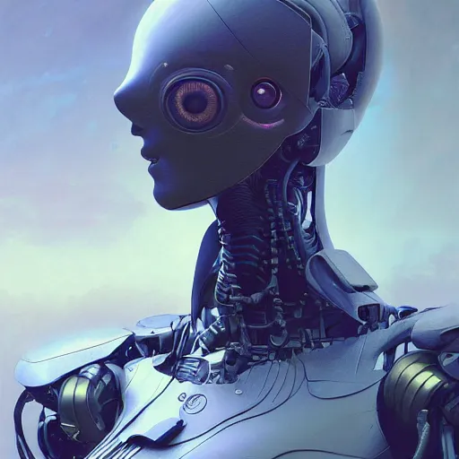 Image similar to detailed concept art portrait of a high - tech humanoid robot on a depth of field background, artstation, award - winning realistic sci - fi concept art by jim burns and greg rutkowski, beksinski, a realism masterpiece, expressive color palette, james gilleard, bruegel, alphonse mucha, and yoshitaka amano