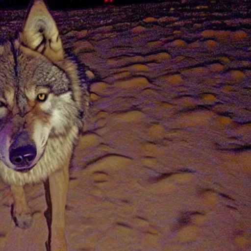 Prompt: trailcam footage of humongous wolf at night