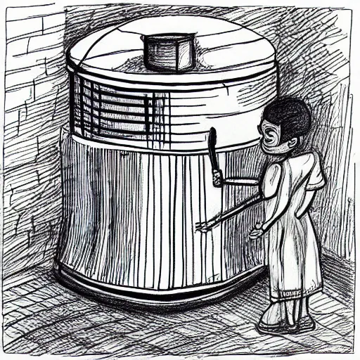Prompt: very simple bad ballpoint pen line drawing of a furnace with people around it, pen on paper simple drawing by a child, no shading