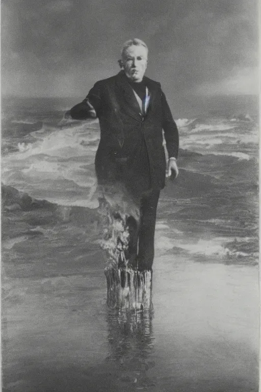 Image similar to h. p. baxxter standing in water with explosion in background, full body, reflection in water, volumetric lighting, golden ratio