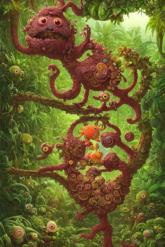 Prompt: an intricate cute monster, taking a walk, lush jungle, by kokaris, naoto hattori, moebius and android jones