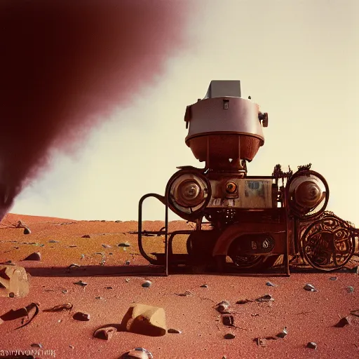 Image similar to steam punk machinery terraforming mars, kodachrome, in style of Addy Campbell, 35mm, graflex, color film photography, white background,