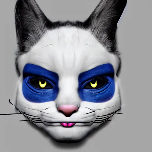 Prompt: graphic, hyperreal, portraiture illustration of a anthropomorphic handsome ragdoll cat wearing a joker mask and holding a blake, digital painting, trending on artstation